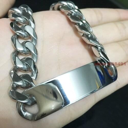 New Arrive Fashion Silver Tone Mens Stainless Steel ID Curb Chain Link Bracet 15mm8.66"