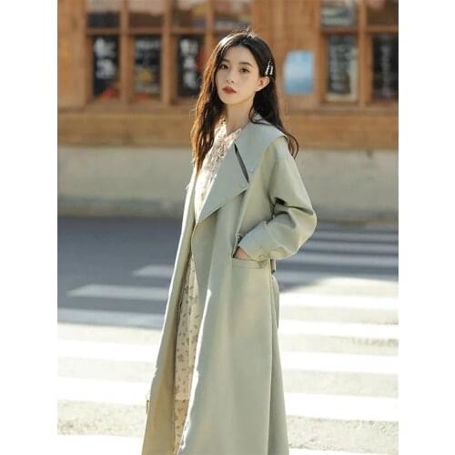 Solid Color Mid-Length Jacket Womens Windbreaker 2021 Spring Autumn New Korean Thin Slim Slimming British Trench Coat Belf Girl