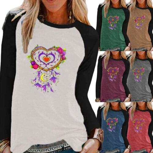 Autumn Ladies Casual Long Sleeve Shirt Top Fashion Round Neck Loose Flowers Dreamcatcher Print Womens T-shirt Sweatshirt XS-5XL