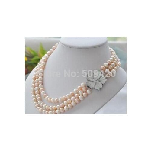 Free shipping >>>Real Natural South Sea 3row 8-9mm White&Pink Pearl Necklace 17-19"