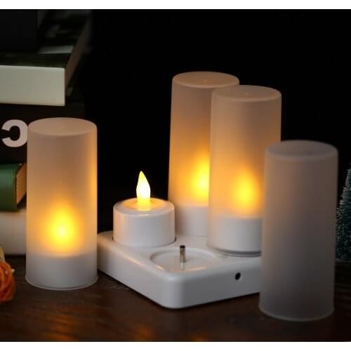 Rechargeable LED Flickering Flameless Candles Tealight Candles Lights with Frosted Cups Charging Base Yellow Light 4/6/12pcs/set