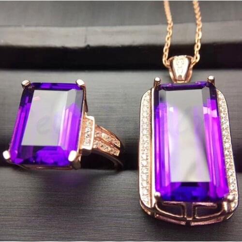 Per jewelry Amethyst jewelry set Free shipping 1pc ring 1pc pendant 7.3ct*1pc 15ct*1pc gemstone 925 sterling silver S20594