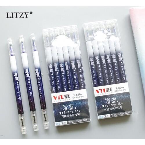 6pcs/set Dual Head Blue Black ink Erasable Pen Kawaii Starry Sky Gel Pen Set School Office Cute Stationary Supplies Girls Gift