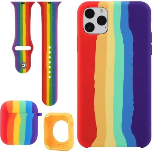 For IPhone/Watch/Airpods Silicone Protective Case Set 12 11 Pro X XS MAX XR 7 8 Plus Rainbow Watch Band Strap Earphone Cover