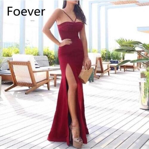 Jersey Burgundy Dress 2019 Halter High Leg Slit Mermaid Sexy Evening Dress