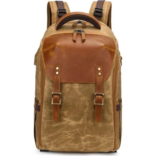 Waterproof Batik Canvas + Genuine Leather Professional Camera Backpack Shockproof Padded DSLR Bag Wear-resistant Lens Case