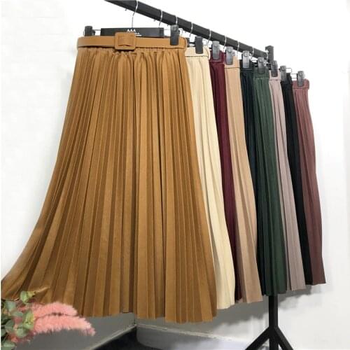New 2020 Spring Women Pleated Midi Skirts Womens Casual Solid Korean Elastic High Waist Skirt Pleated Skirt With Belt