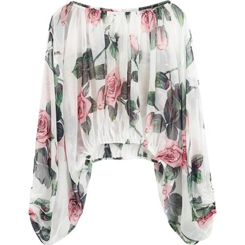Women Summer Fashion Casual Plus Size 3XS-10XL Slash Neck Long Sleeve Retro Vintage Rose Floral Printing All Match Blouse