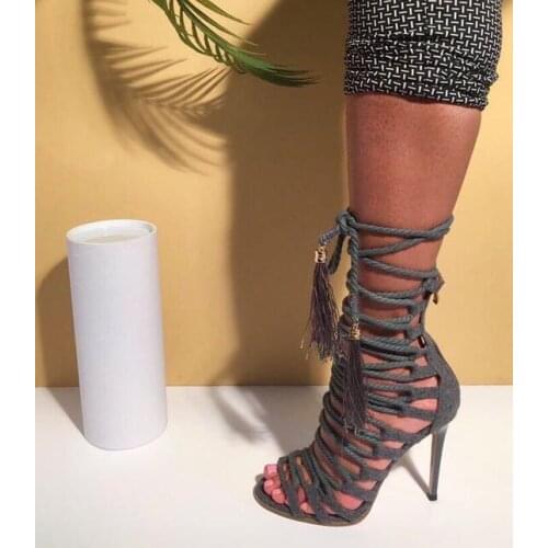 New Arrivals Gray Suede Cross Strappy Women Sandals Cut-out Peep Toe High Heels Ladies Shoes 2019 Summer Gladiator Sandals