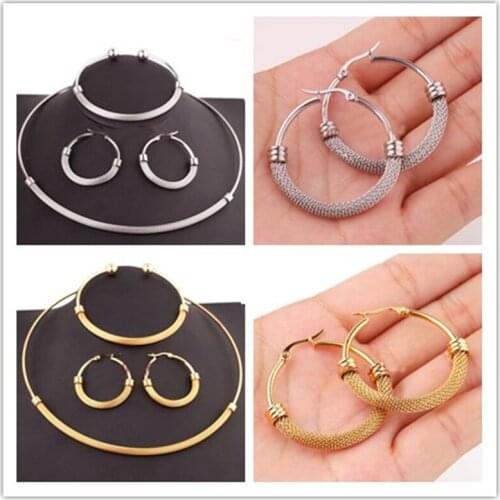 New On Sale Womens Fashion Gold/Silver color 316L Stainless Steel Mesh Design Choker Collar Bangle Earrings Set, Xmas Gift