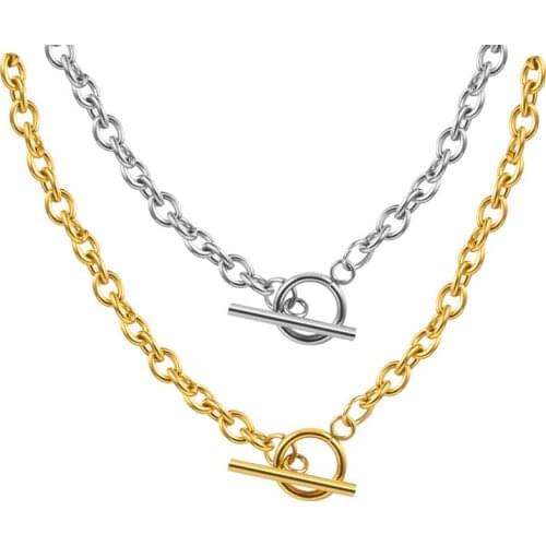 HUIET Gold Stainless Steel O Link Chain Necklaces For Women Men Toggle Clasp OT Buckle Choker Collar Hip Hop Jewelry Necklace