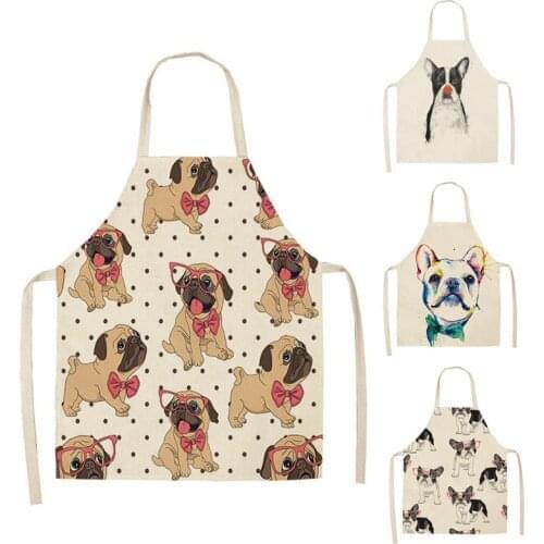 1 Pcs Cotton Linen BullDog Dog Print Kitchen Aprons Unisex Dinner Party Cooking Bib Funny Pinafore Cleaning Apron WQ02