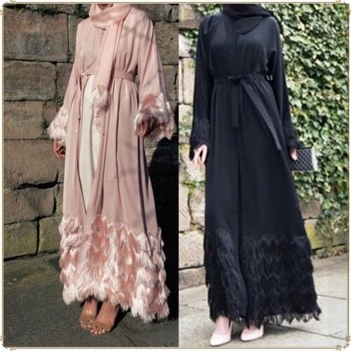 2019 Sleek Elegant Noble Dubai Cardigan Hairlace Womens Muslim Gown Dress LR207
