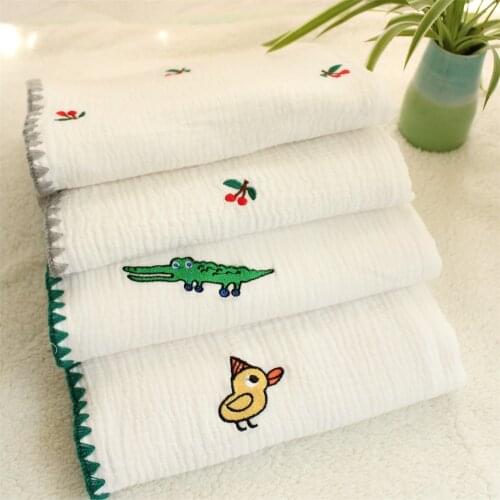 4 Layers Lace Edge Embroidery Cherry Muslin Cotton Blanket Baby Swaddle Fluffy Crocodile Newborn Bath Towel Receiving Blanket