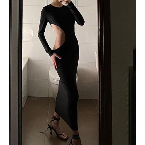 BKLD Long Sleeve High Waist Autumn 2021 Y2K Maxi Dress Round Collar Waist Hollow Out Womens Temperament Fashion Club Streetwear