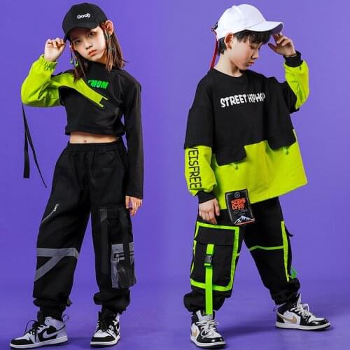 Kids 2 Pieces Sets Sweatshirt Pant Children Streetwear Hip Hop Tracksuit Sports Top Cargo Trousers Stage Show Dance Clothing