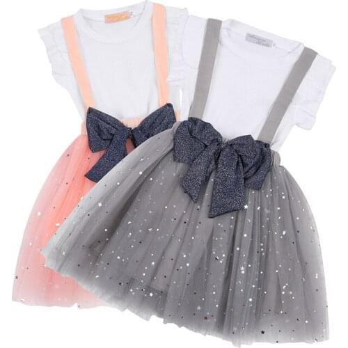 Kids Girl’s Skirt Two Pieces Suit Fly Sleeve Tops Sequin Bow Overall Gauze Skirt Mesh Clothes Set for Children Sweet Princess