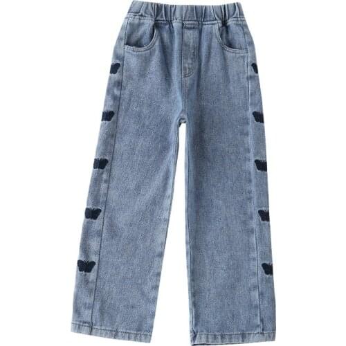 Girls Jeans 2021 Autumn Loose Straight Wide-leg Pants Kids Trousers Jeans For Girls Outfits Teen High Waist Pants Embroidered