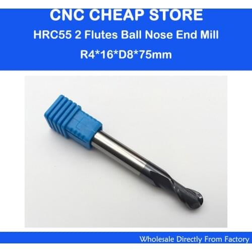Free shipping-2pcs 8mm 2 Flutes Milling tools Milling cutter Ball nose End Mill CNC router bits hrc55 R4*16*D8*75mm