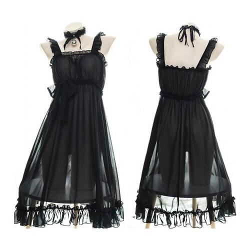 Gothic Girls Chiffon Maid Nightdress With Bell Choker Sexy Womens Transparent Ruffles Suspender Dress Sleepwear Vintage Lolita