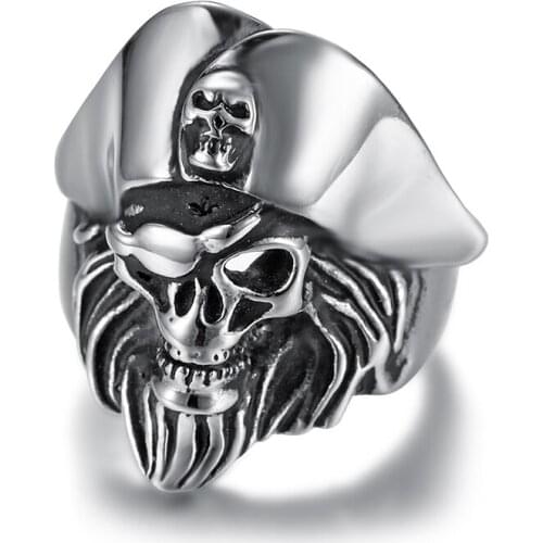 Size 8 -13 Cool Man Rock Punk Fashion Viking Caption Beard Skull Hooded Rings For Men Stainless Steel Priate Rings for Biker men