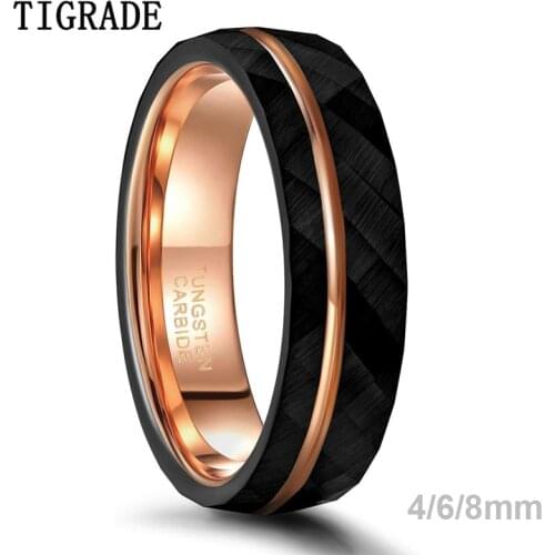 Tigrade 6mm 8mm Black Tungsten Rings for Men Women Thin Rose Gold Groove Hammered Wedding Band Ring Comfort Fit Size 5-14
