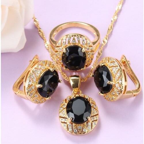 African Women Wedding Gold Color Jewelry Sets For Bridal Costume Black Zircon Earrings And Necklace Pendant Ring 3-Piece Sets