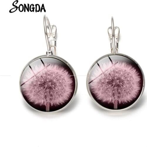 Lovely Pink Dandelion Flowers Earring Natural Plant Art Pictures Crystal French Hook Earrings Bronze Plated Jewelry Gifts