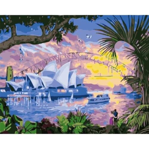Sydney Opera House Bridge, sailboat. Landscape Picture Drawing Living Room Acrylic Unique Child Gifts Linen Decor Art Frame