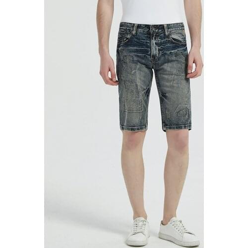 Newly Summer Fashion Men Jeans Retro Blue Scratched Embroidery Designer Ripped Short Jeans Men Distressed Vintage Denim Shorts