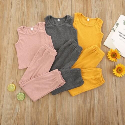 2Pcs Toddler Casual Soft Outfits Baby Girl Clothing Summer Sleeveless Solid Color Round Neck Tank Top Trousers