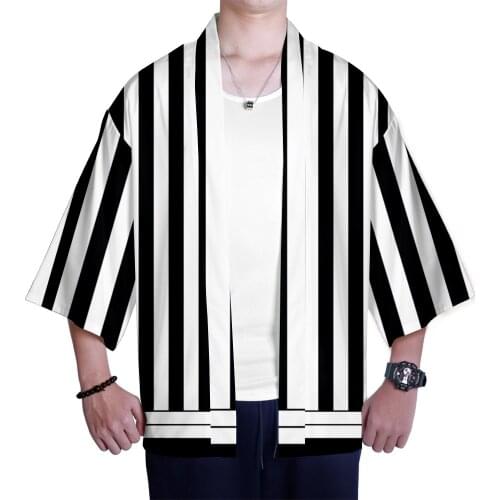 Ghost Blade Casual 3D Kimono Fashion Japanese Kimono Pop Seven-Sleeve Cardigan Autumn Summer Black Stripe and White Striped Top