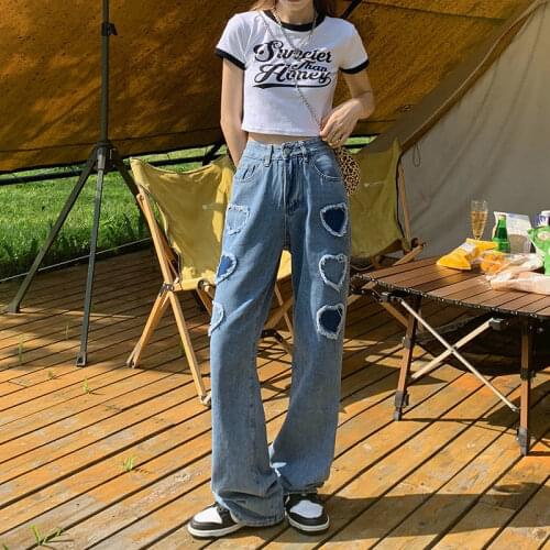 Casual Y2K Woman Jeans Straight High Waist Pants Heart Fashion Long Denim Trousers Streetwear Baggy Jeans Women