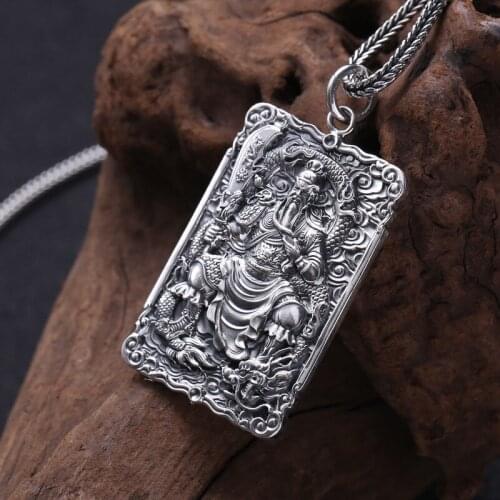 Real S999 Sterling silver lucky bodyguard Wu Caishen Guan Gong pendant Thai silver Vintage mens Buddha pendant Jewelry Gifts