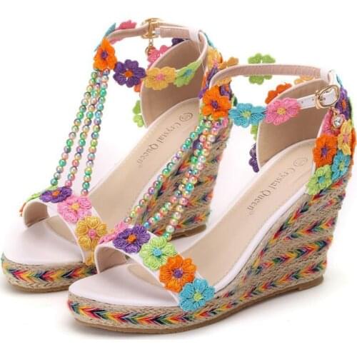 Womens Sandals Wedge Shoes Colorful Platform Rainbow Color Lace Flowers Beaded Open Toe Sandals Summer Bridal Wedding Shoes