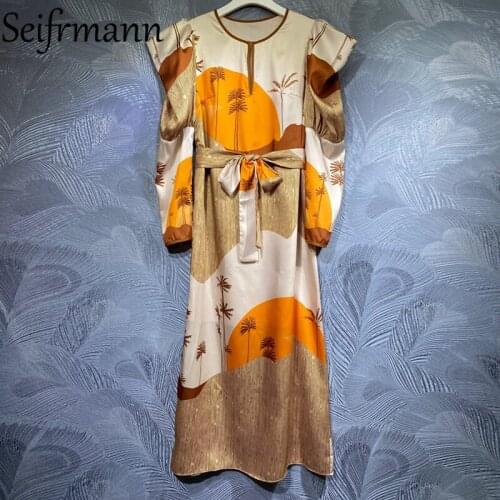 Seifrmann New 2021 Autumn Women Fashion Designer Party Long Dress Puff Sleeve Bow Sashes Vintage Printed Loose A-Line Dresses