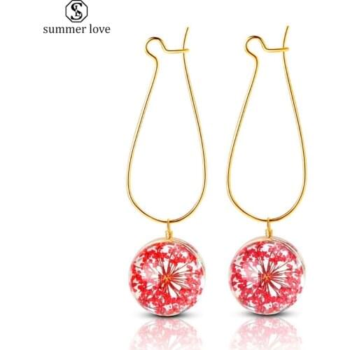 Handmade Transparent Glass Dried Flowers Earrings for Women Crystal Ball Real Plant Dangle Earrings DIY Jewelry Gifts