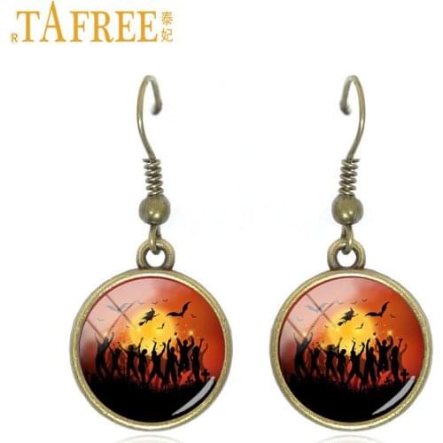 TAFREE vintage Happy Halloween jewelry dangle earrings antique bronze plated Halloween night pumpkin drop earrings for women J61