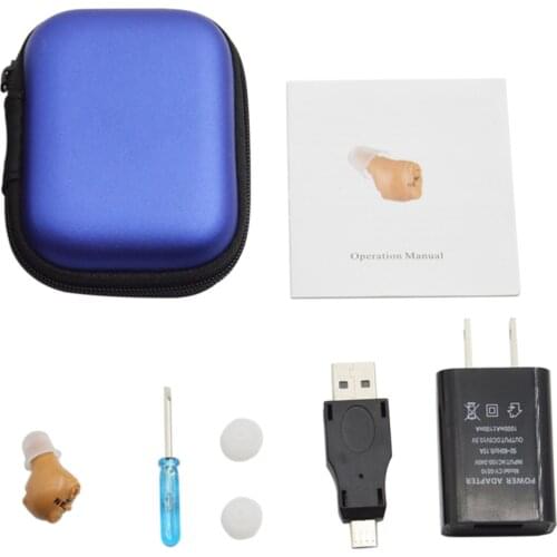 Hearing Amplifier USB Rechargeable Sound Amplifier Hearing Aid 35hr Battery Life With Adapter Silicone Tips Cleaning Brush Brown