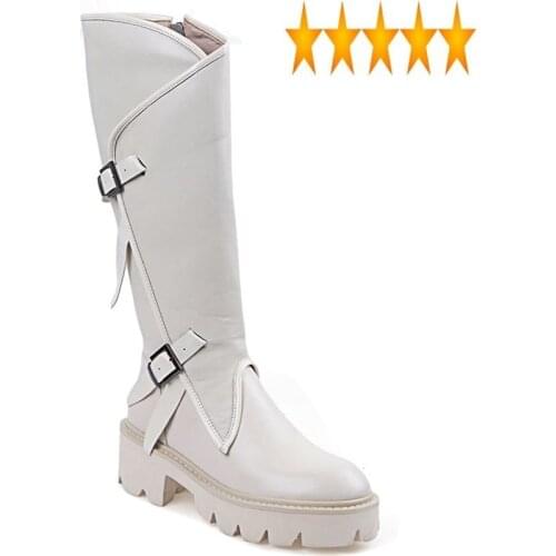 High Winter Knee Women Fashion Block Med Heels Thick Platform Shoes Knight Buckle Genuine Leather Biker Riding Boots