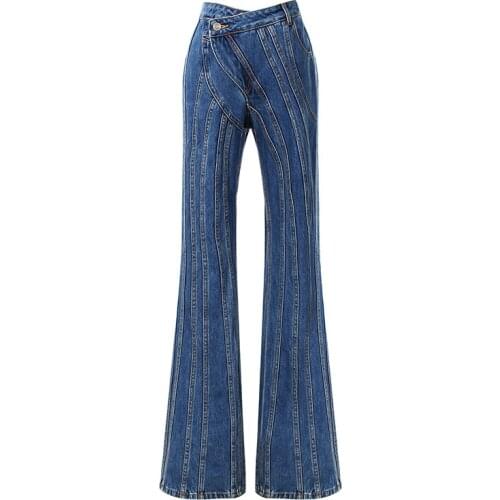 SeeBeautiful Personality Stitching Jeans Mid Waist Button Zipper Small Flare Denim Pants New Fashion 2020 Winter Women M435