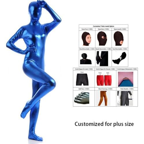 2018 Free shipping Shiny Lycra Spandex Shiny Lake Blue womens Unitard Catsuits Metallic Footed Zipper Zentai Bodysuit