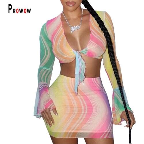 Prowow Summer Mesh Women Clothing Set V-neck Corset Tops Skirt Two Piece Streetwear Outfits 2021 New Sexy Lady Matching Suit
