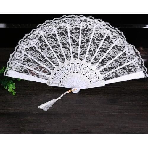 Ladies Lace Hand Fan Black White Cloth Folding Fans Spanish Victorian Hand Fan for Wedding Party Favor Gift Dance Fan Ornament