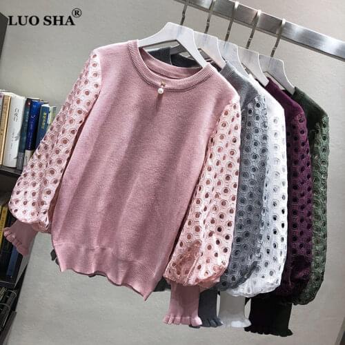 LUOSHA Women Autumn Winter Embroidery Hollow Out Lace Patchwork Pullover And Sweaters Female Lantern Sleeve Jumper Pull Femme