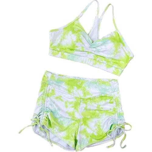 Women Sexy 2 Piece Bikini Set Push Up Padded Bra Tie-Dye Swimsuit Ruched Drawstring Shorts Beachwear Yoga Tracksuit