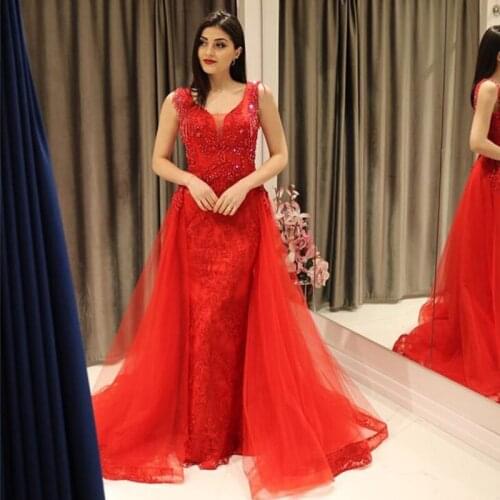 Elegant Mermaid Prom Dresses V-neck Beaded Tassel Sleeveless Lace Appliques Red Prom Gowns 2019 Women Formal Party Dresses