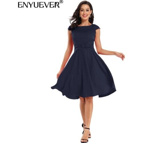 Enyuever Elegant Women Dress Plus Size Clothing Bowknot Flare Swing Robe Pin Up Business Wedding Party Formal Ladies Dresses