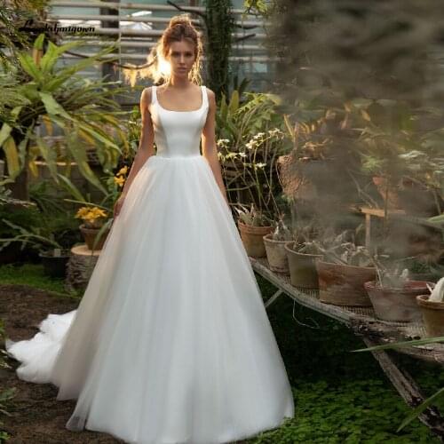 Lashmigown Simple White Tulle Beach Wedidng Dresses 2021 Vestido Novia Sirena Square Backless Bridal Receipt Gown Sleeveless