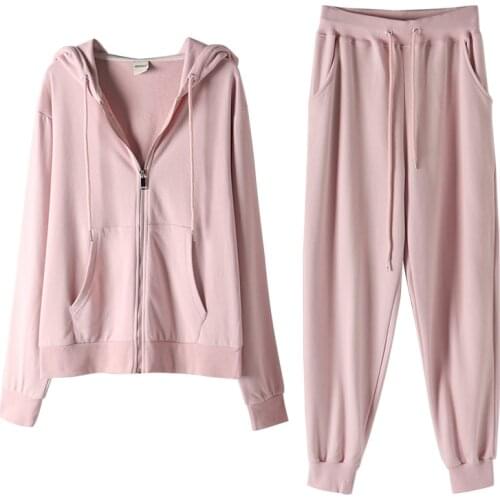 2020 autumn Hooded casual cotton two piece set Hoodies and pants Korean loose Solid tracksuit women